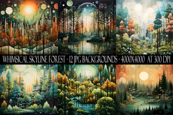 Whimsical Skyline Forest Backgrounds: 12 JPGs for Creative Projects